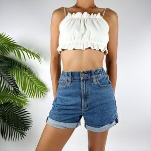 Vintage 80s Style High Waisted Summer Casual Mid Wash Denim Bermuda Shorts / 1